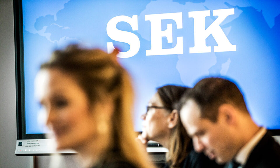 Bild på suddiga ansikten med logotypen SEK i bakgrunden