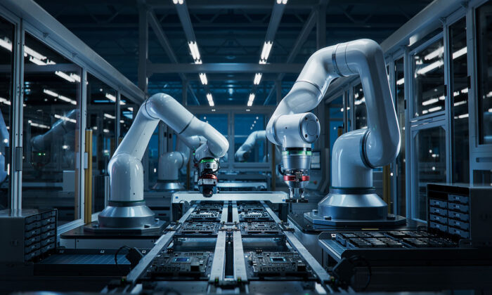 Bild på industriella robotarmar i automatiserad fabrik