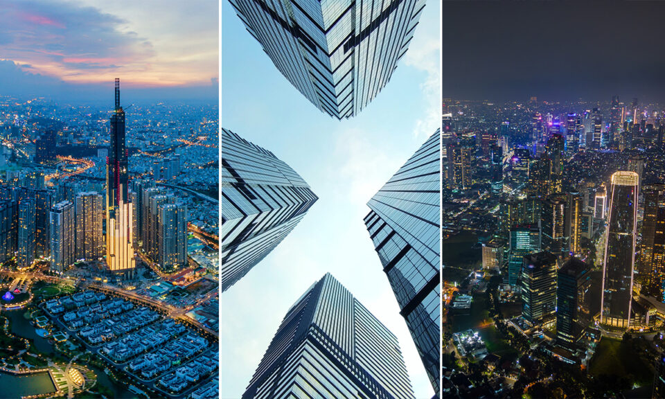 Bilden är ett kollage över städer i sydostasien.