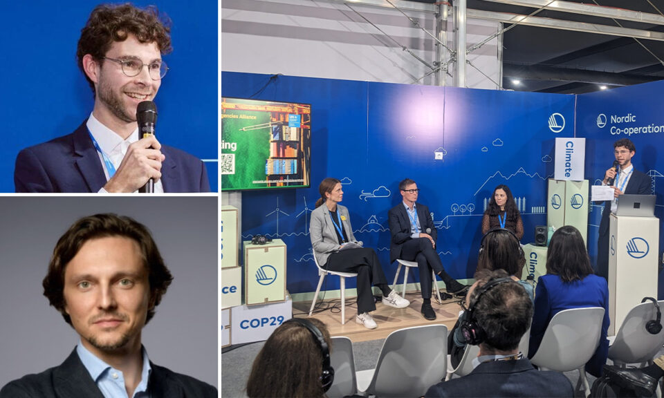 Kollage av tre bilder. Två är porträttbilder på forskarna Max Schmidt och Igor Shimonov. Den tredje bilden visar när Max Schmidt pratade på COP 29.