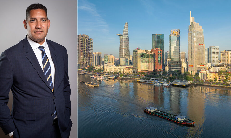 Kollage med Johan Ndisi, ambassadör i Vietnam, samt en stadsbild från landet.