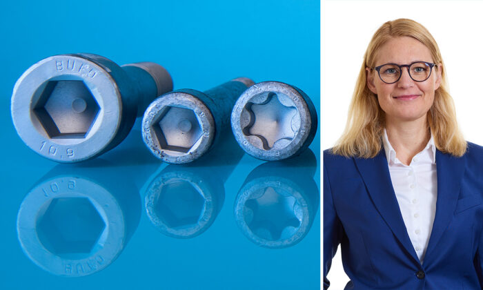 Bilden är ett kollage och visar bultar/skruvar och Anna Åkerblad, CFO på Bulten.