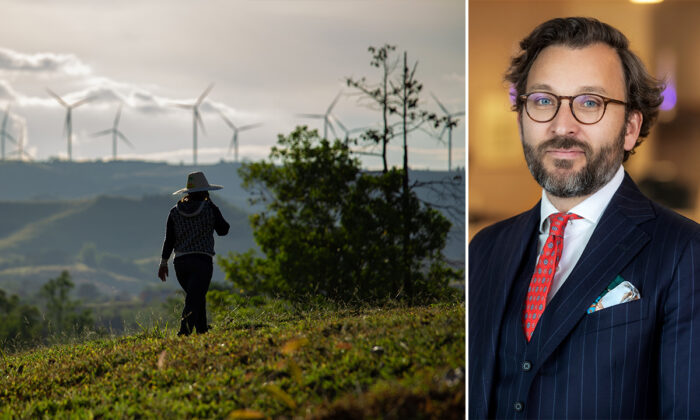 Kollage av bilder. Porträttbild på Jens Hedar, chef för Global Trade och Export Finance på Svensk Exportkredit. Den andra bilden föreställer siluetten av en person som går på en kulle någonstans i Asien. I bakgrunden syns kullar och vindkraftverk.