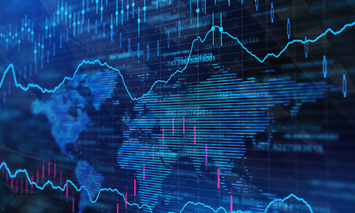 Grafer över en världskarta. Bilden går i blåa nyanser.