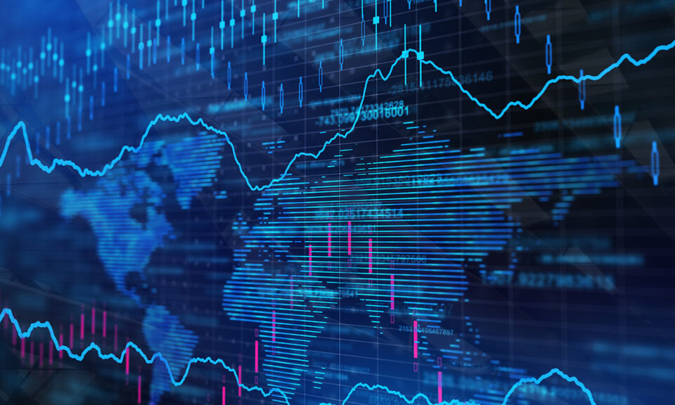 Grafer över en världskarta. Bilden går i blåa nyanser.